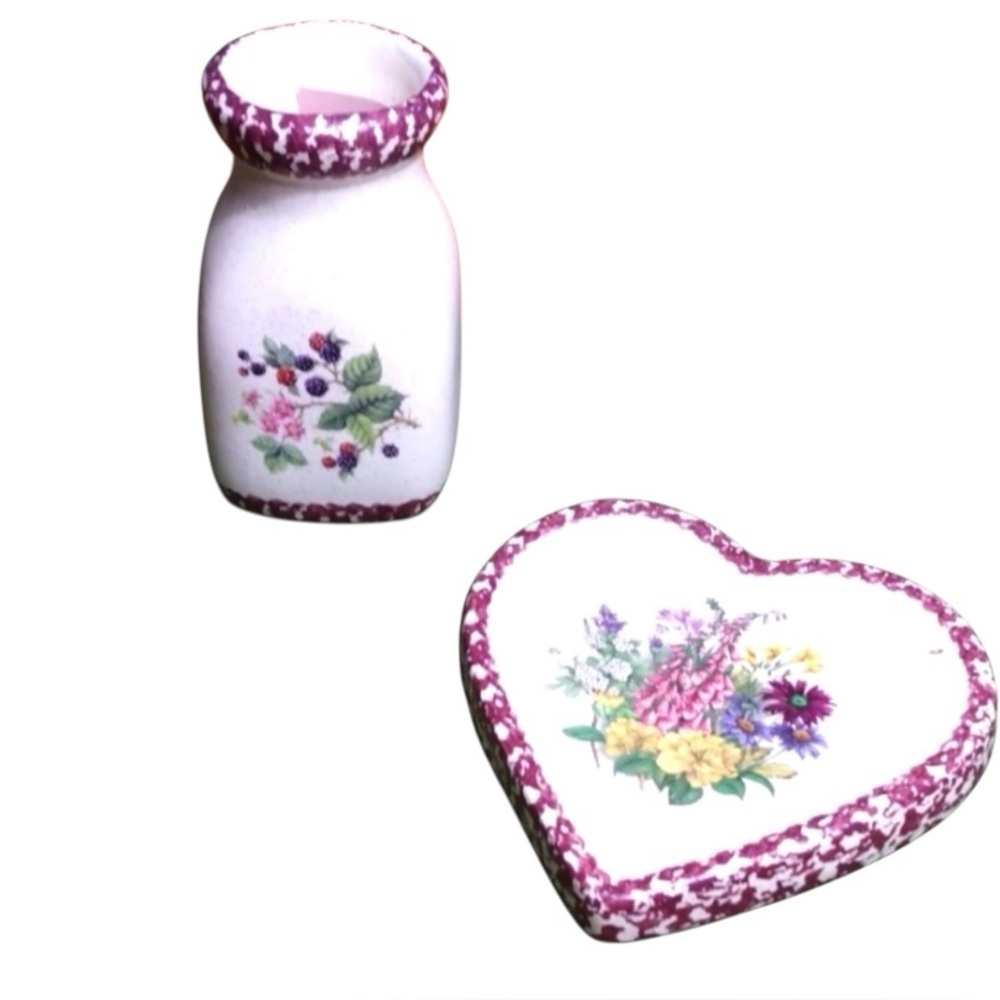 Spongeware Floral Ceramic Creamer and Heart Spoon Rest